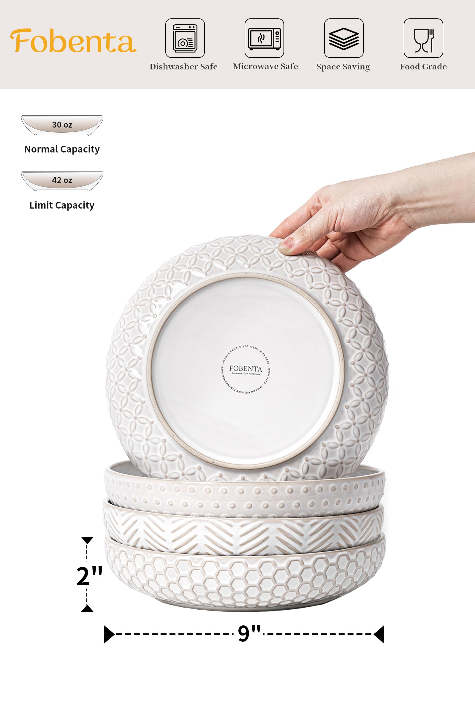 FOBENTA 9-inch large serving bowls highlight elegant design for pasta, salads, and shared meals.