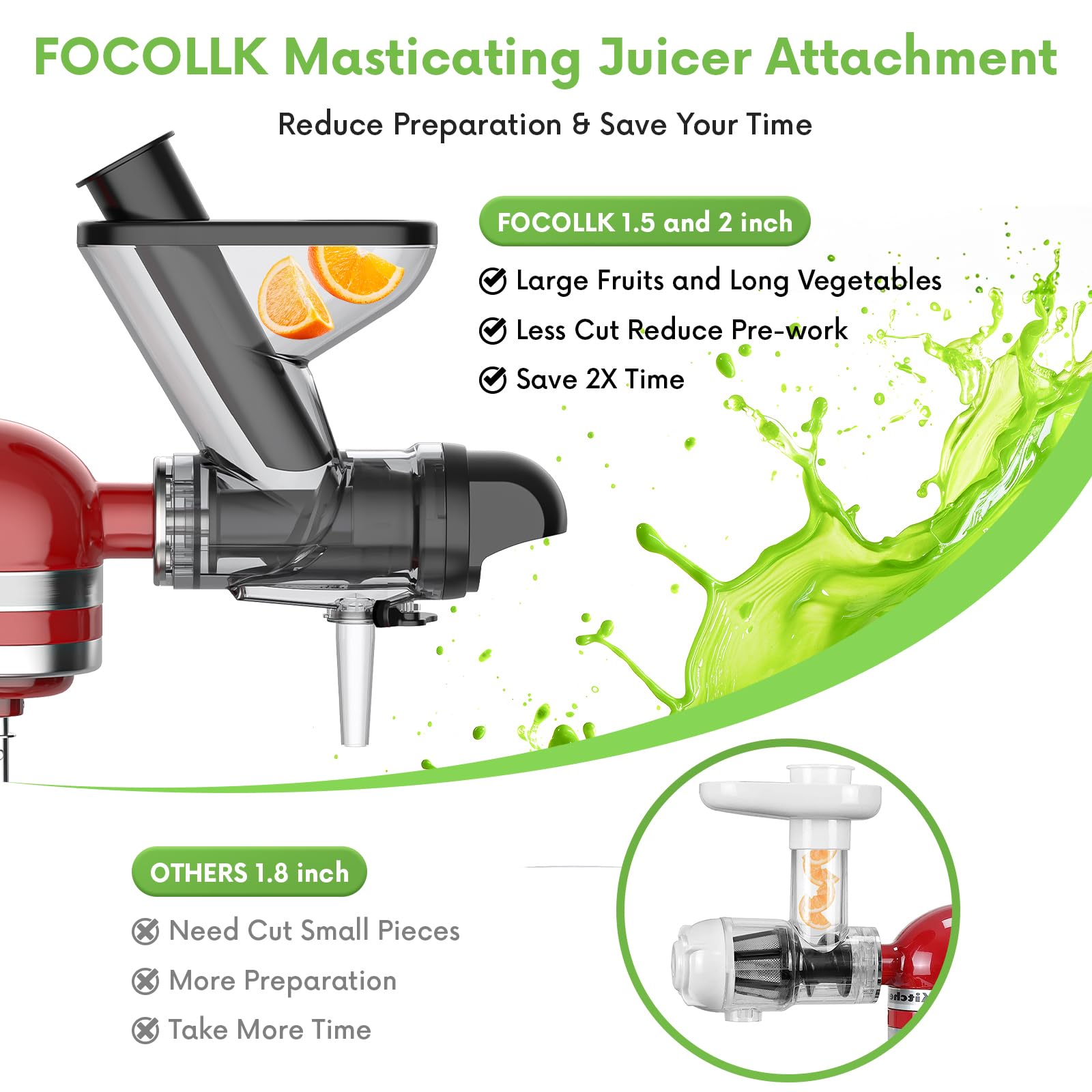 FOCOllK auger close-up demonstrates low-speed cold press technology for nutrient-rich juice.