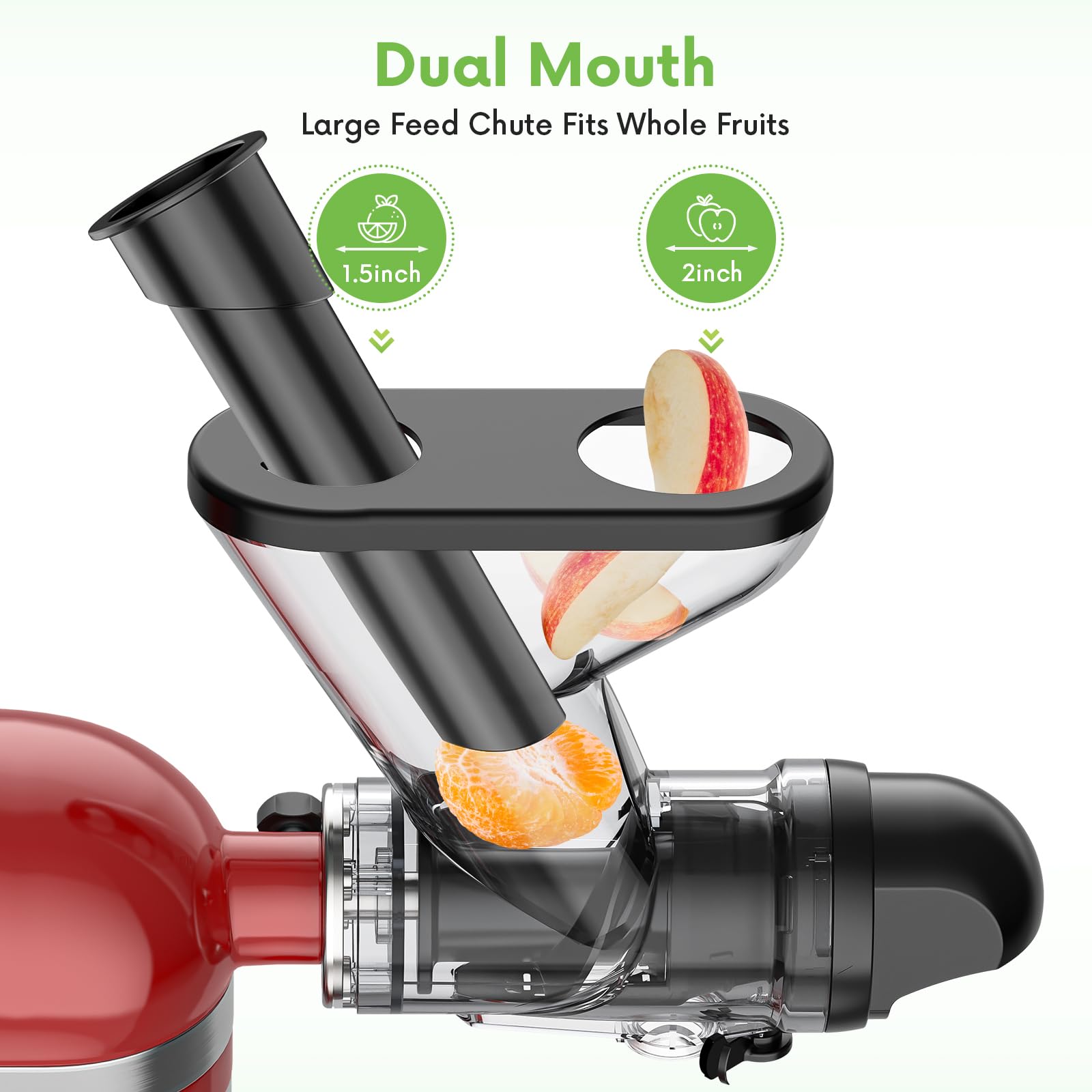 FOCOllK juicer attachment side view shows dual-feed chute for versatile ingredient prep.