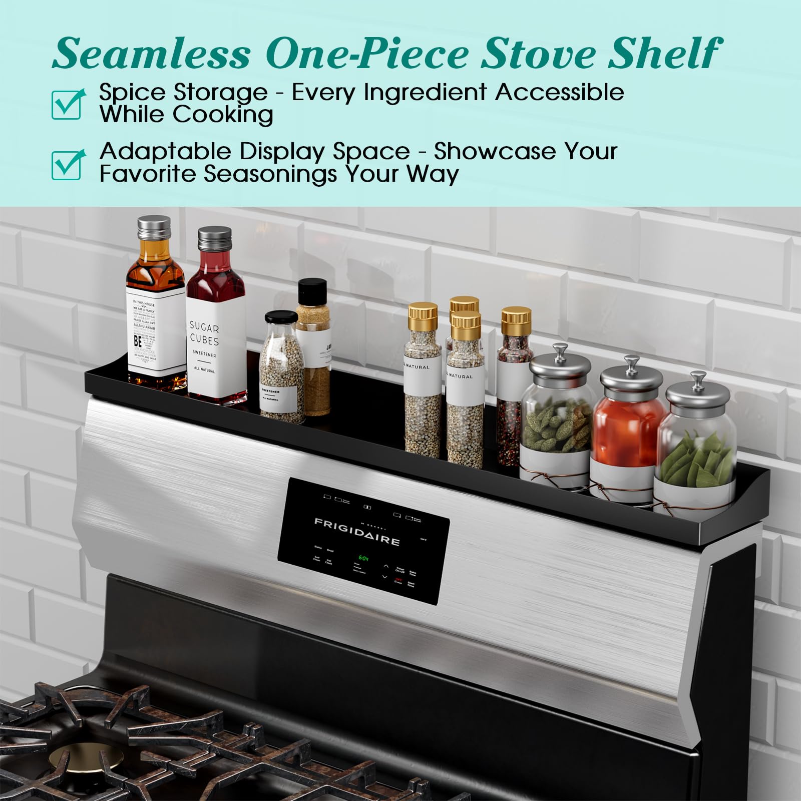 Foeacry 30-inch shelf keeps bottles tidy on the kitchen counter.