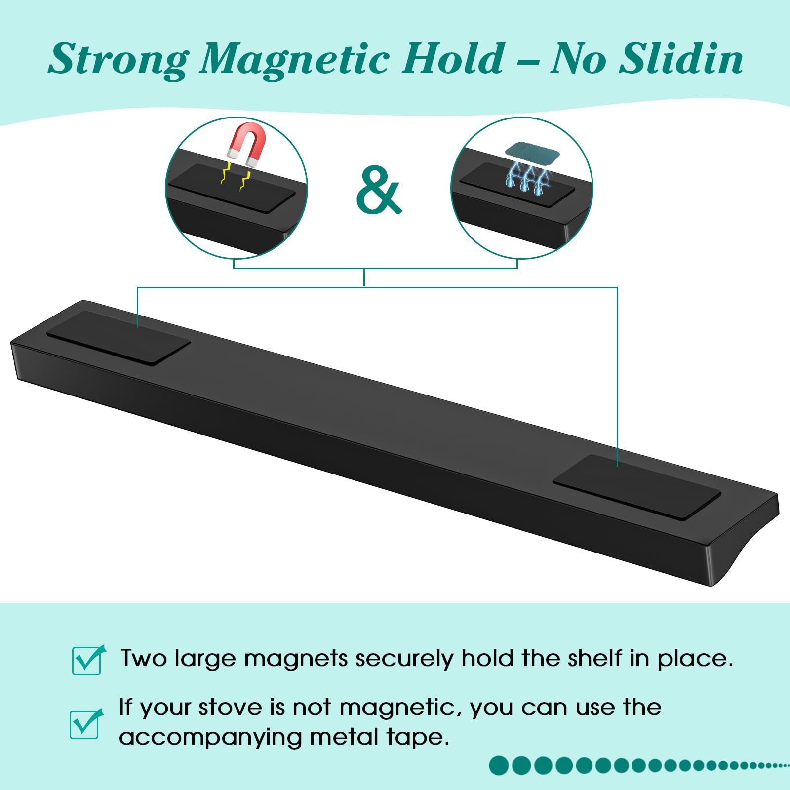 Foeacry stainless steel shelf with magnets for tool-free installation.