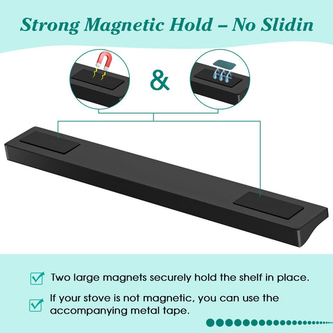 Foeacry stainless steel shelf with magnets for tool-free installation.