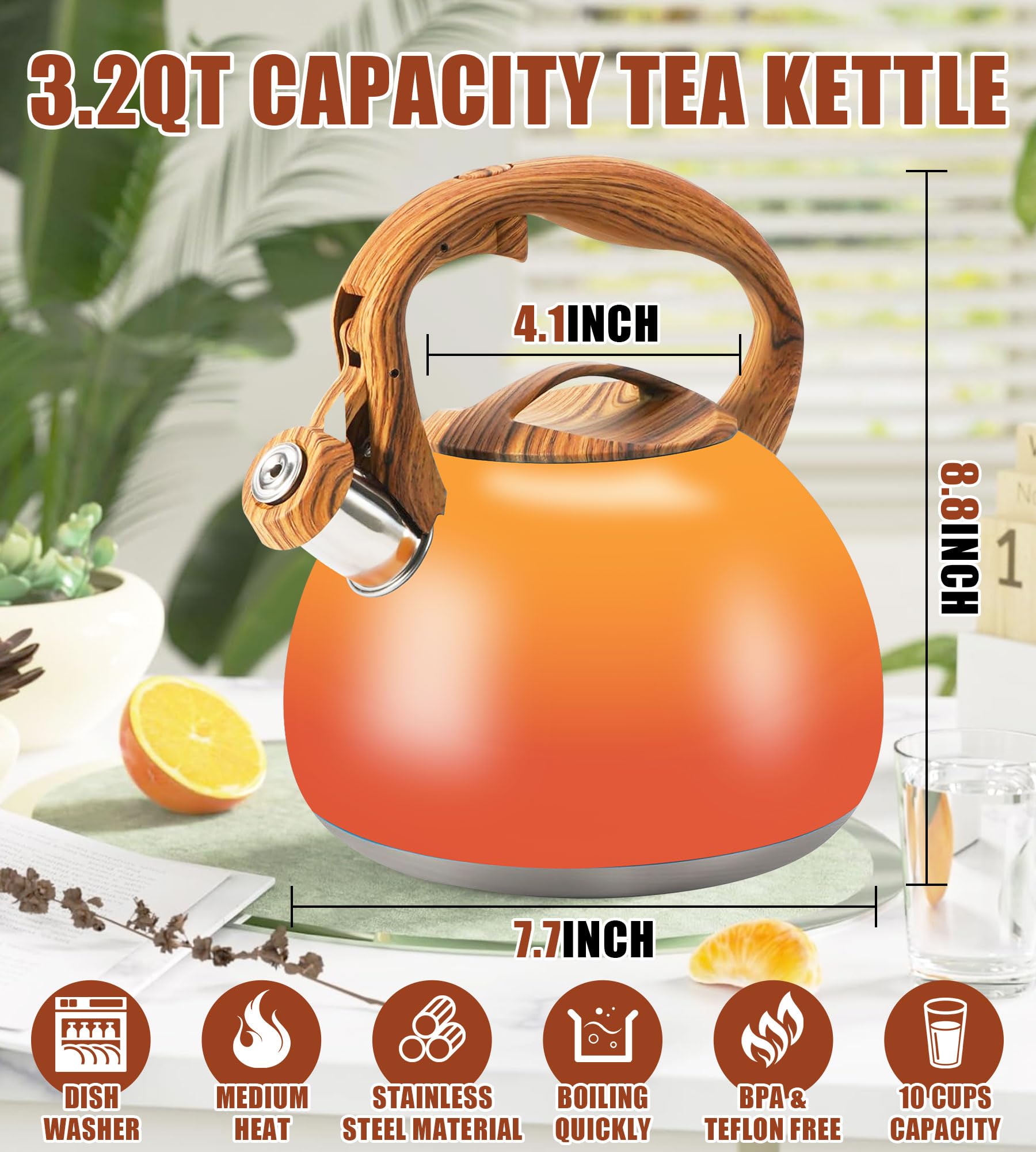 Foedo Tea Kettle with wood grain handle for comfortable pouring.
