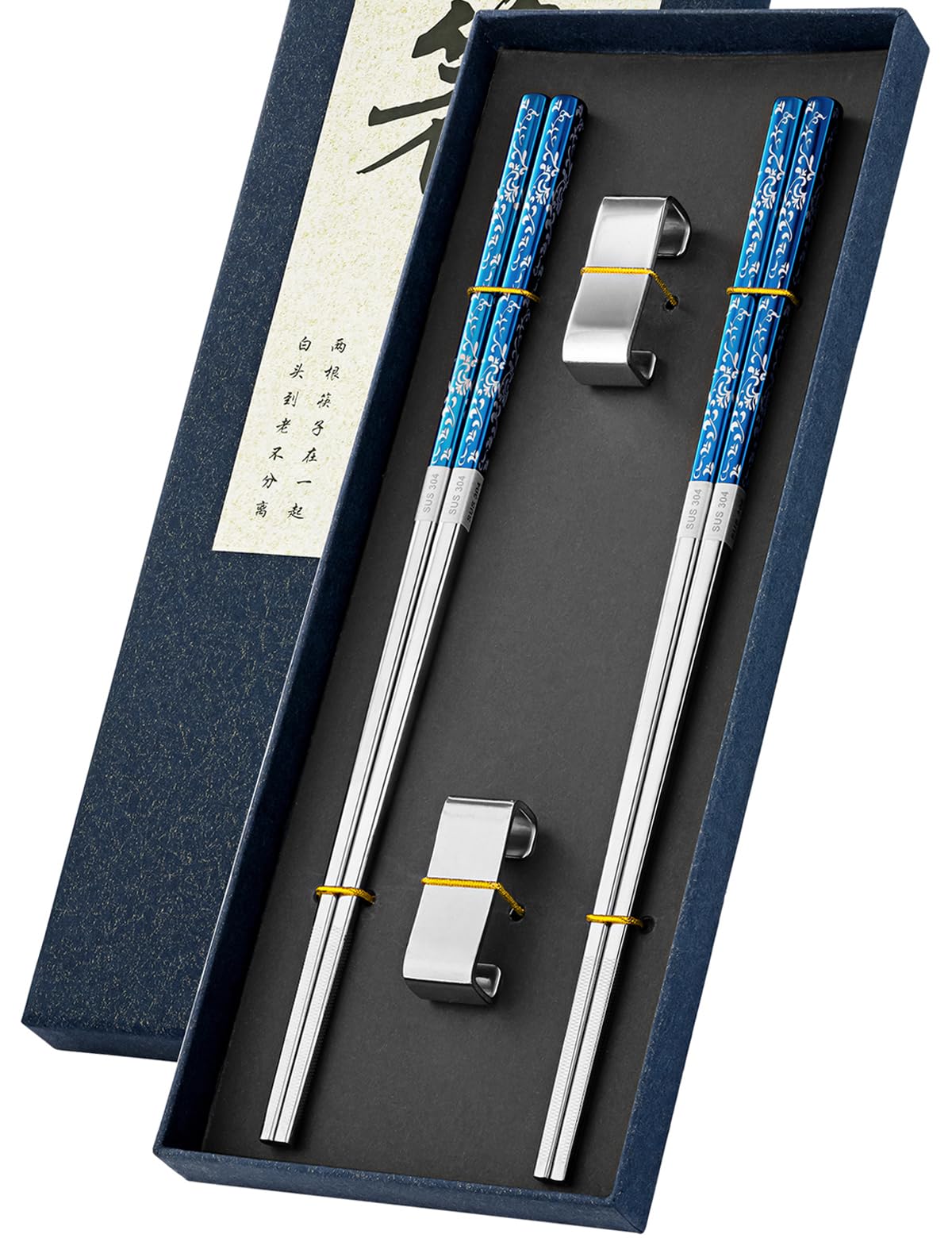 FOFAYU metal chopsticks blue-silver set with holder for stylish home dining