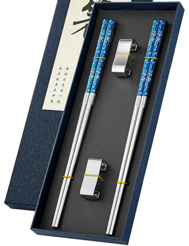 FOFAYU metal chopsticks blue-silver set with holder for stylish home dining