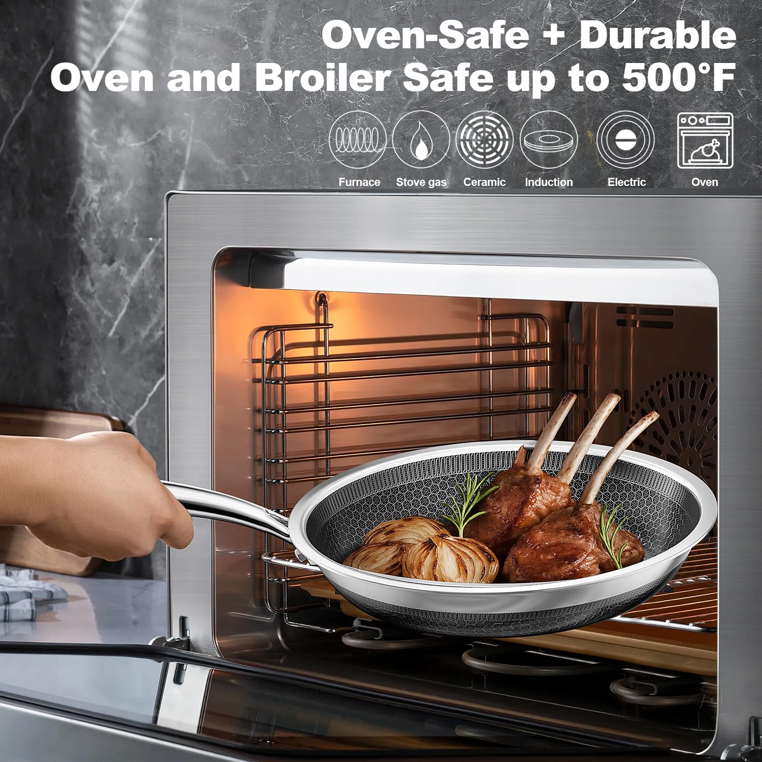 FogDream silver finish adds modern style to a stainless steel pan.