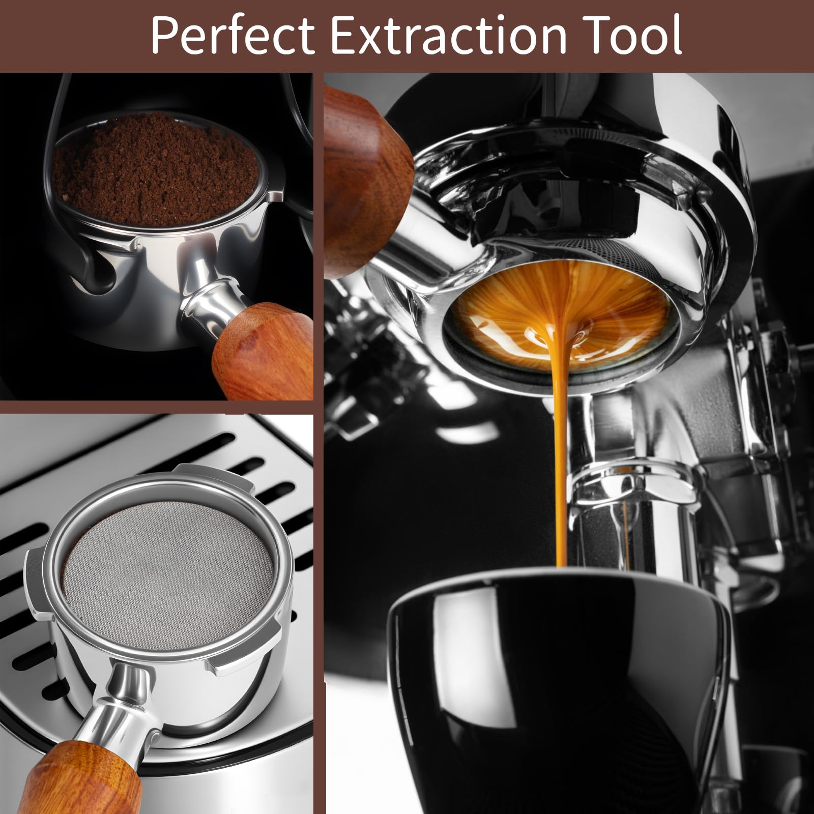 Fogkay bottomless design provides visual feedback during espresso pulls.