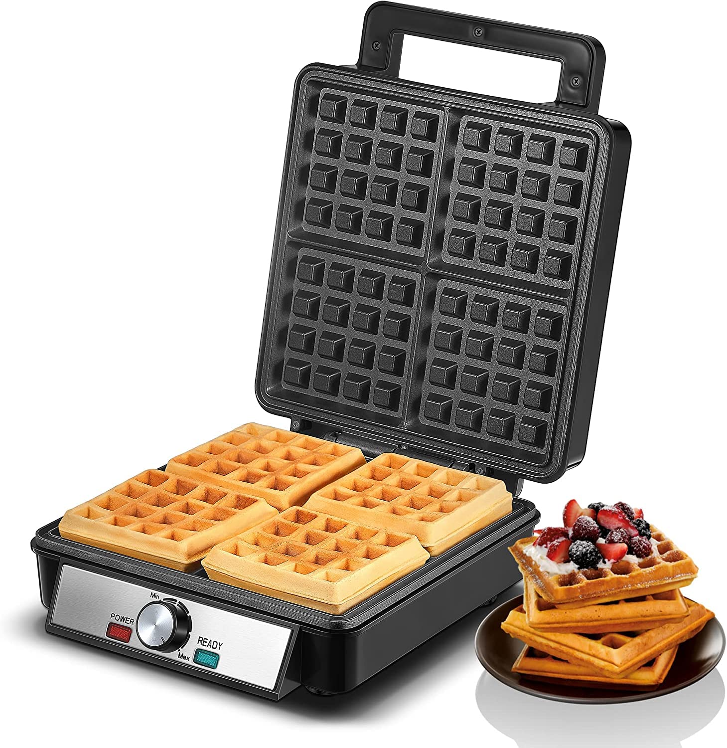 FOHERE 1200W Belgian Waffle Maker front view with four-slice capacity for family breakfasts