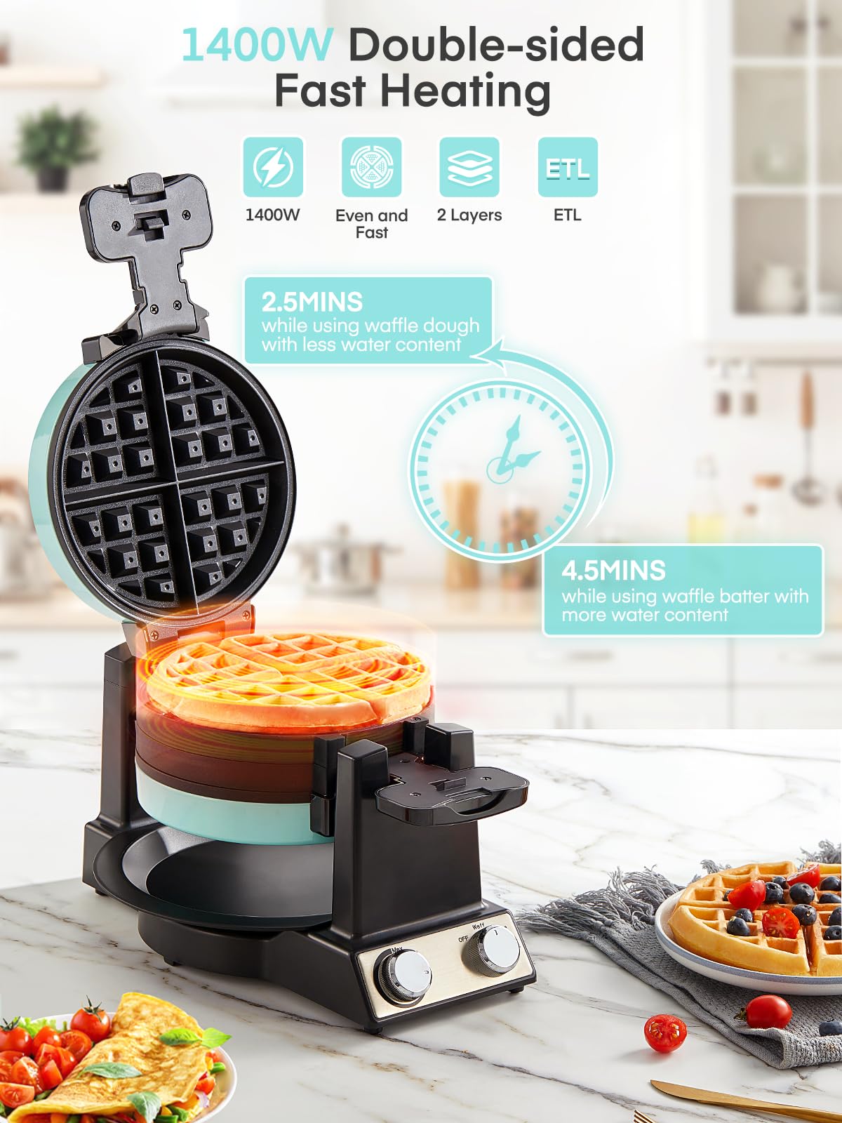 FOHERE 1400W dual heating plates for fast, even browning.