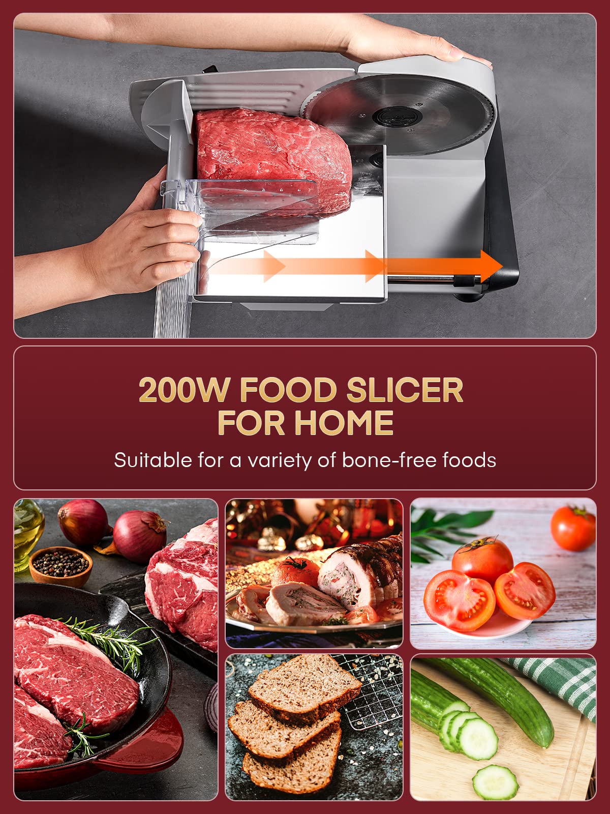 FOHERE 200W motor powering quick cuts for meats and cheeses.