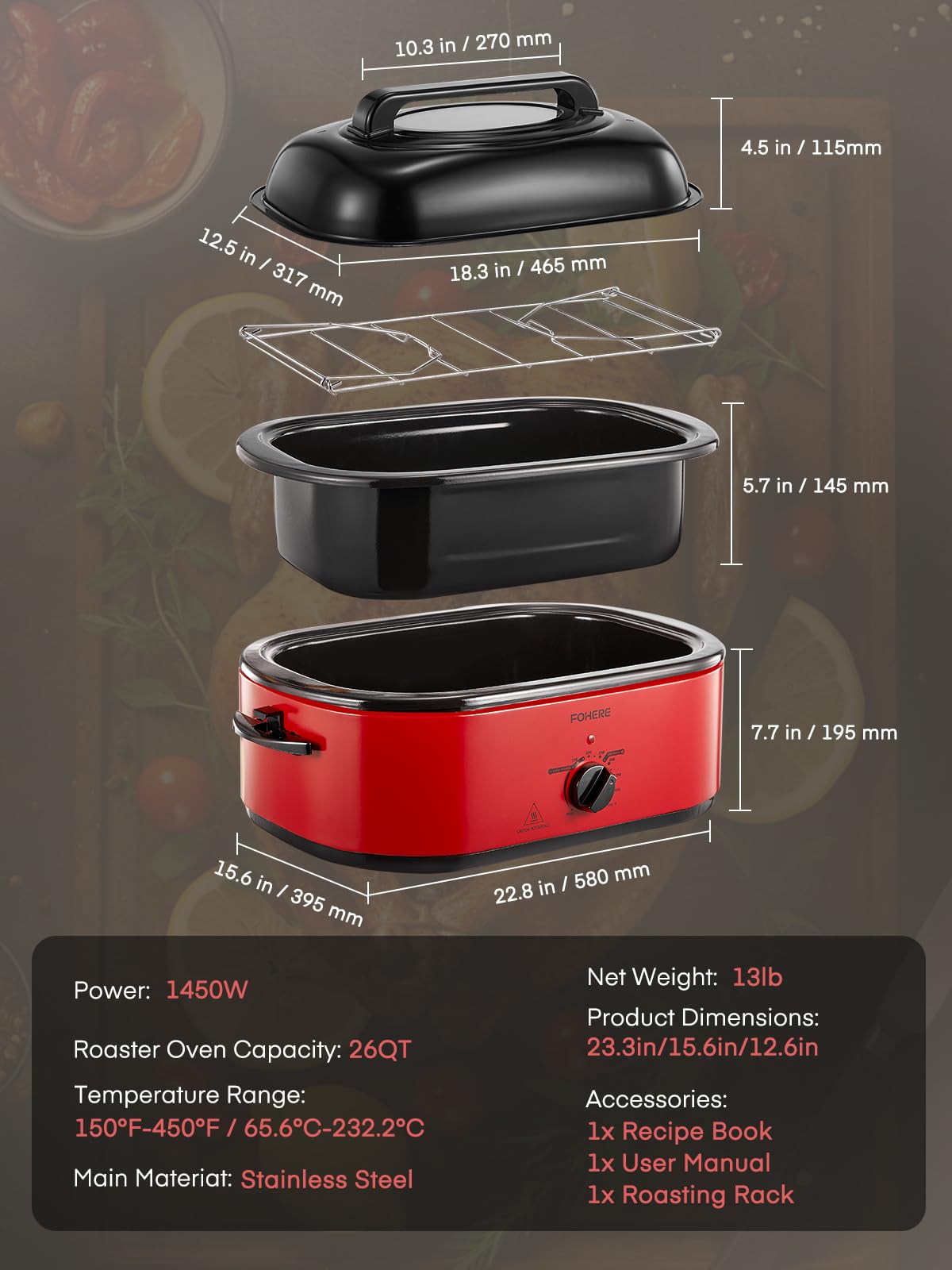 FOHERE large 26-quart capacity fits turkeys up to 28 pounds