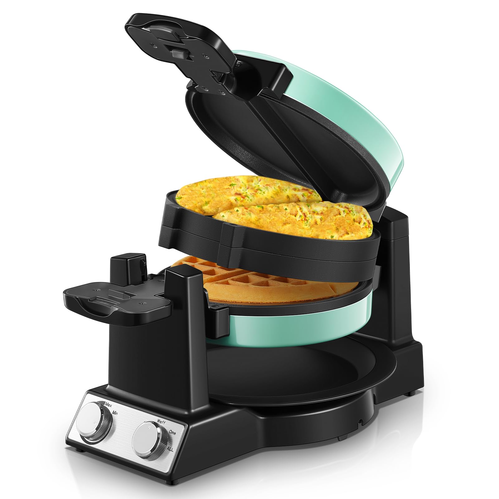FOHERE 2-in-1 omelette waffle maker with mint green exterior and compact design.