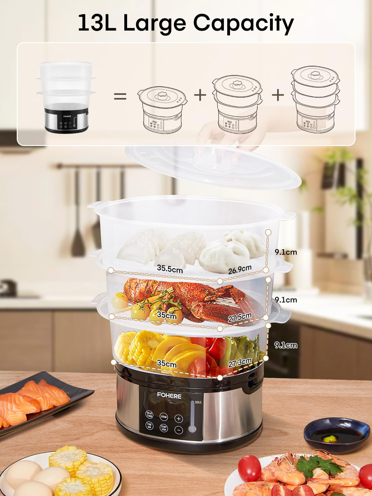 FOHERE 3-tier steamer stack demonstrates multi-layer cooking capability