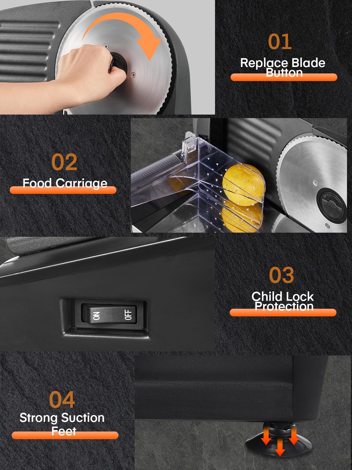 FOHERE includes a food carriage for guided, steady slicing.