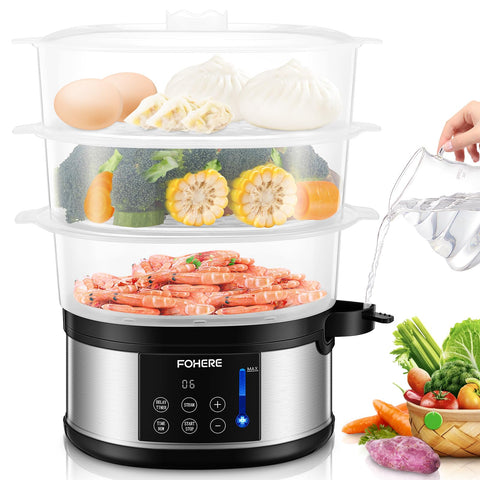 FOHERE food steamer outer view shows compact footprint for easy countertop placement