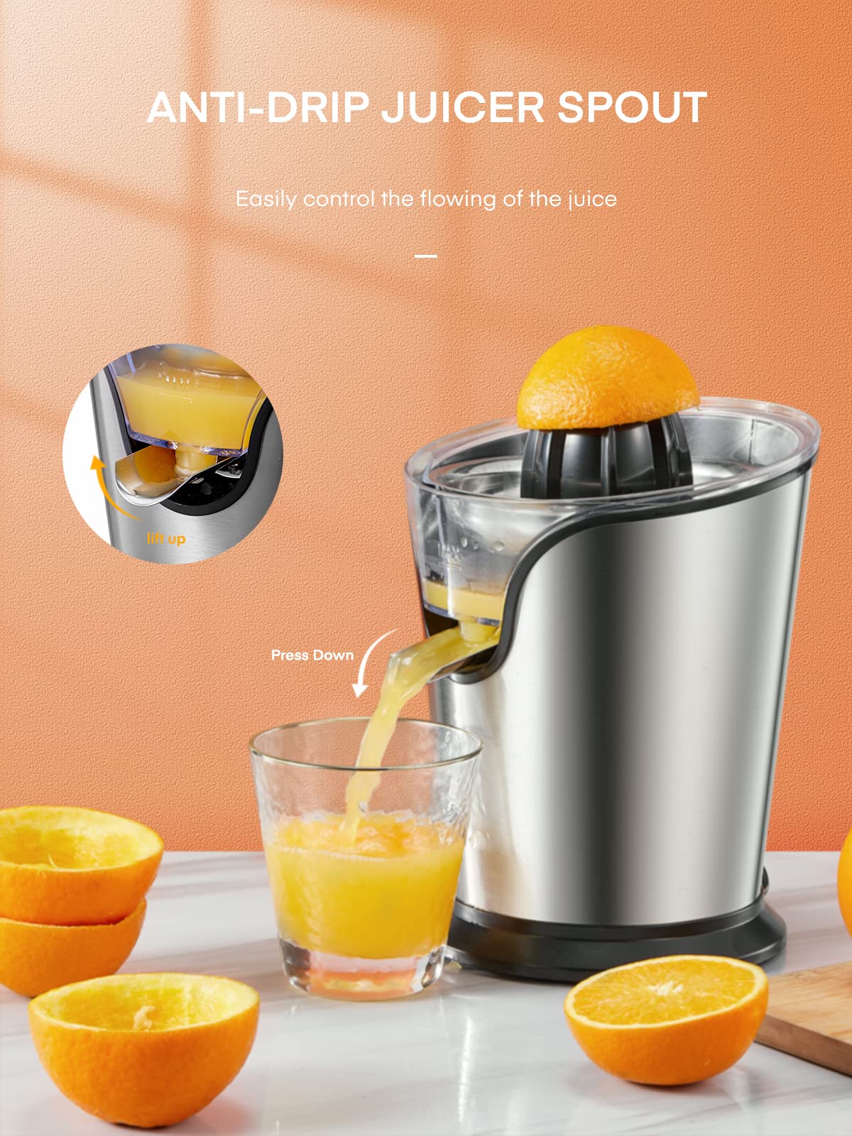 FOHERE juicer features a powerful motor for efficient citrus extraction.