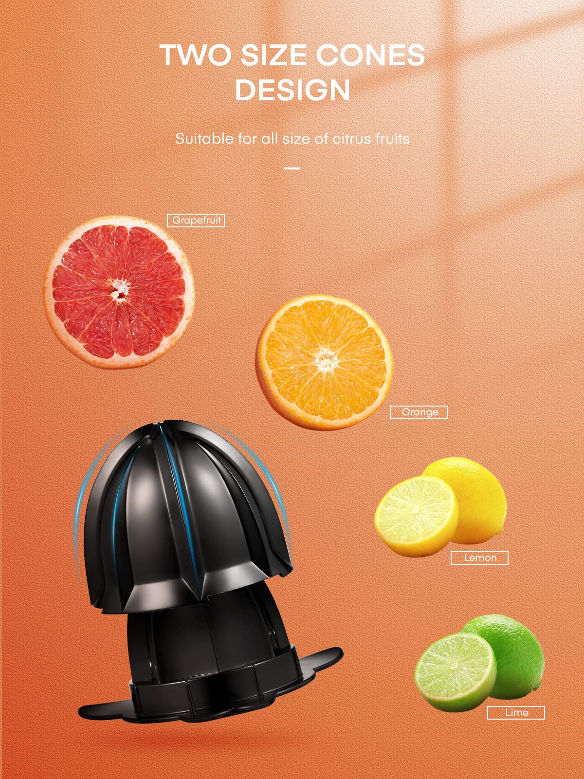 FOHERE orange juicer with two cones simplifies juicing both small and large citrus.