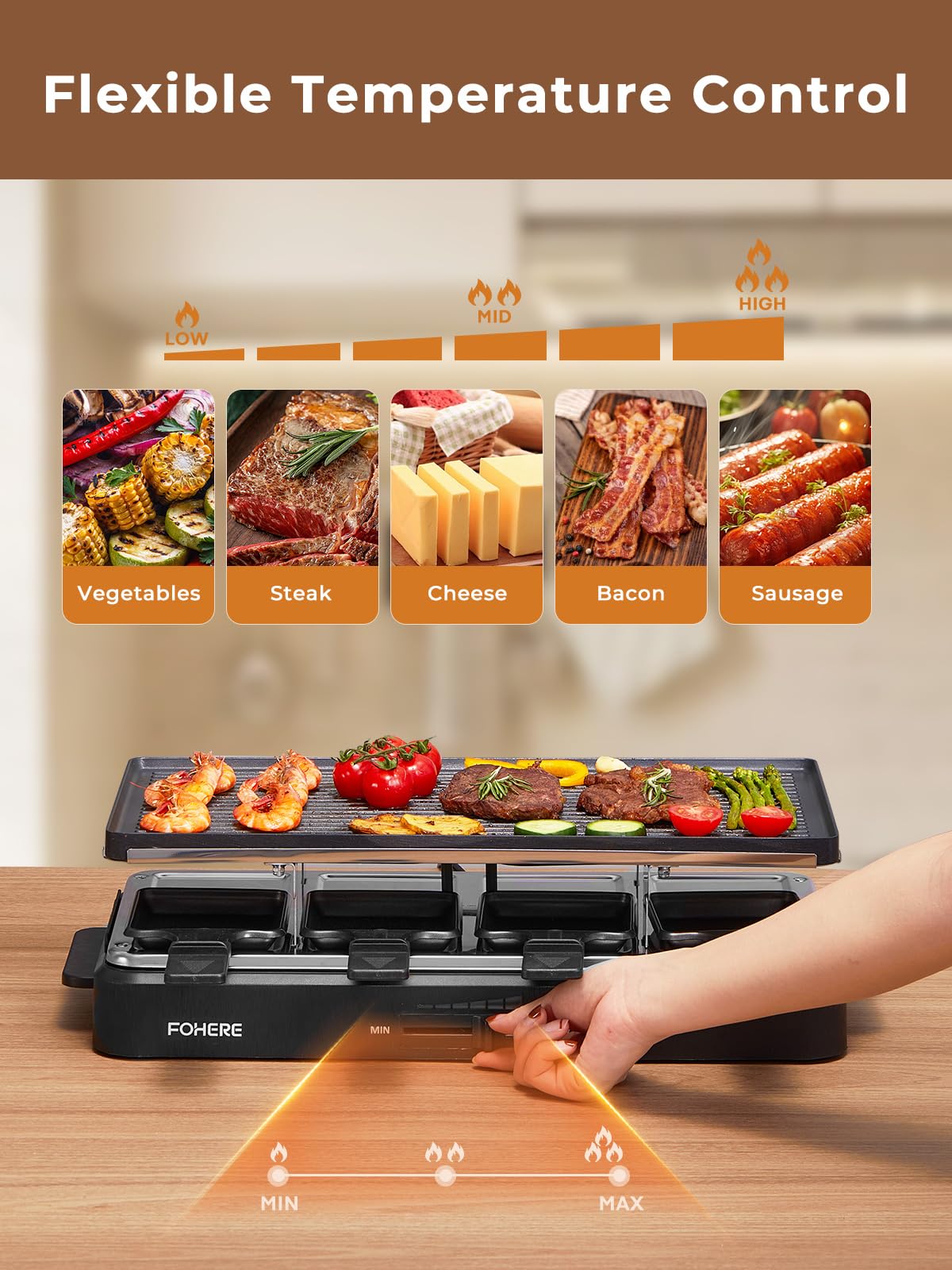 FOHERE raclette pans eight; non-stick surfaces simplify cheese melting.