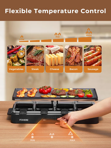 FOHERE raclette pans eight; non-stick surfaces simplify cheese melting.