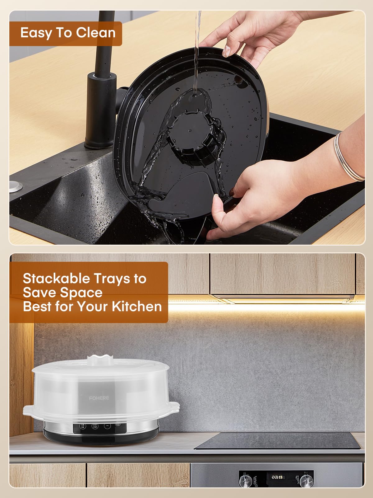 FOHERE steamer with vegetables, rice, and fish highlights versatile use