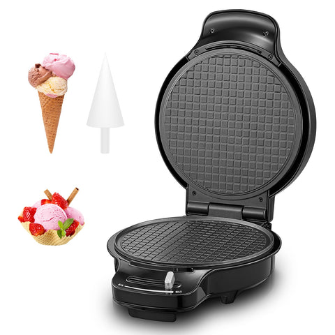 FOHERE waffle cone maker front view in black, compact for fast family desserts.
