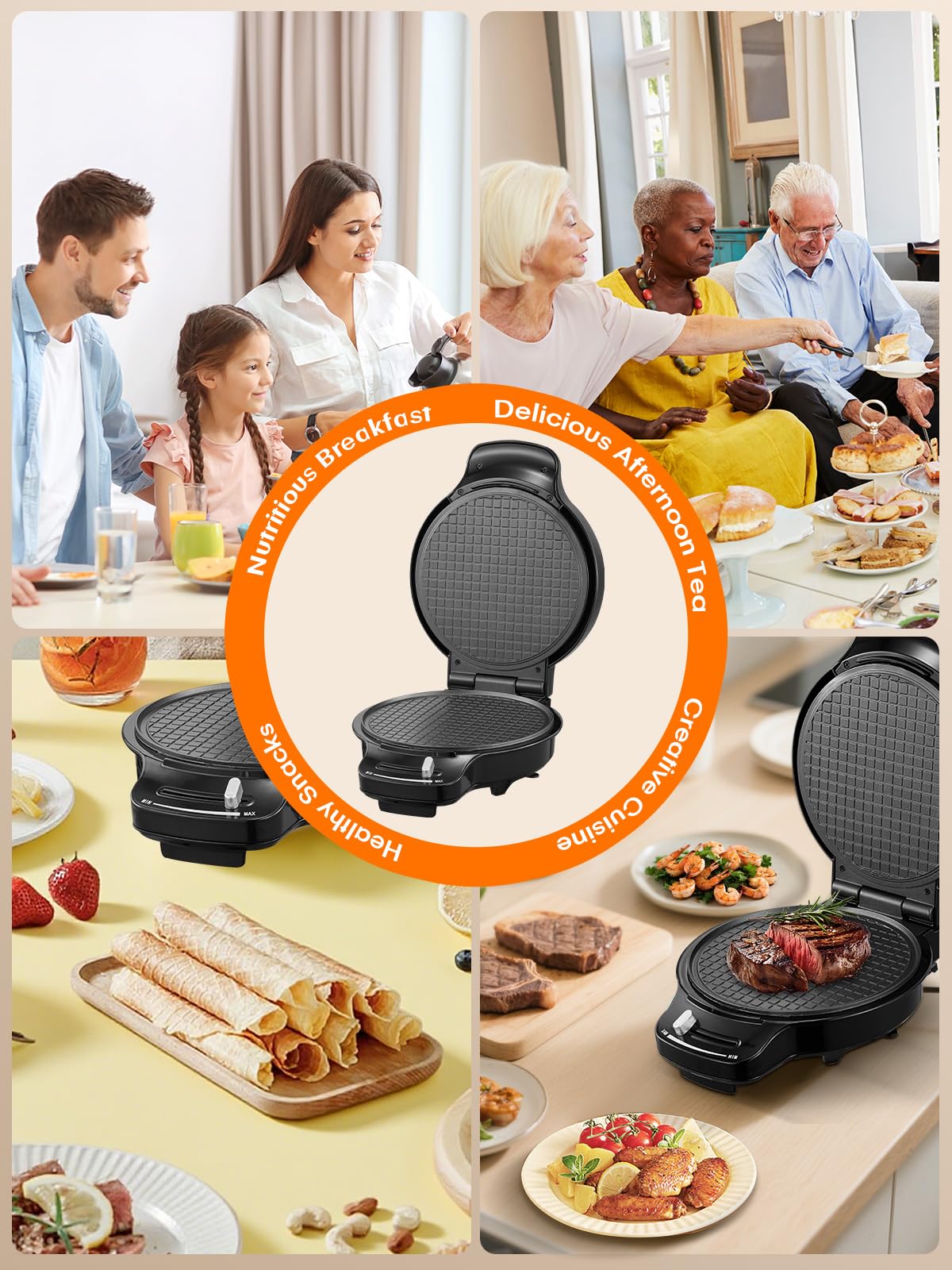 FOHERE versatile kitchen device for pizza, pancakes, omelets, and waffles.