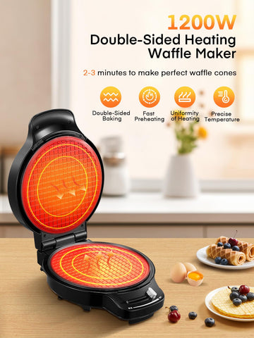 FOHERE waffle cone maker top controls for adjustable browning and presets.