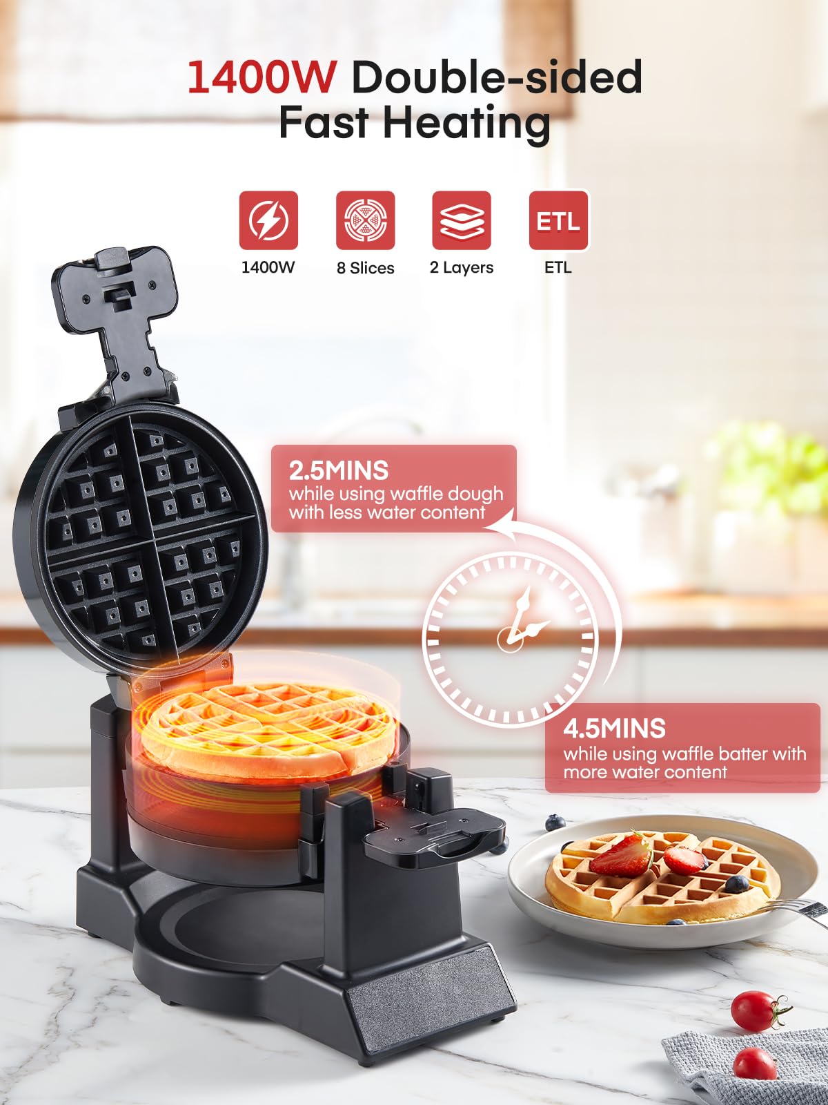 FOHERE waffle maker dual plates for two waffles at once