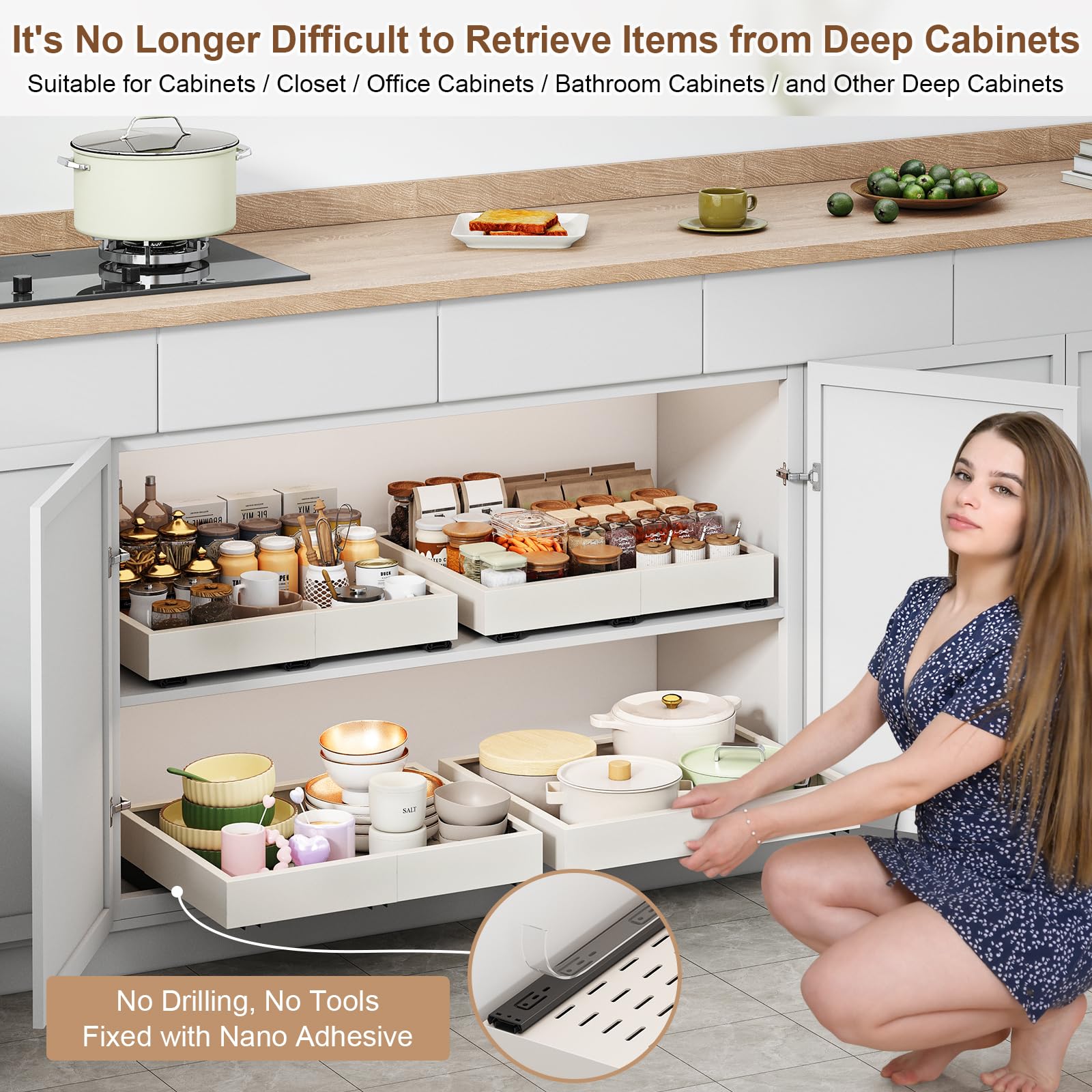 Fokyfok cabinet organizer uses no-drill adhesive installation for quick setup.