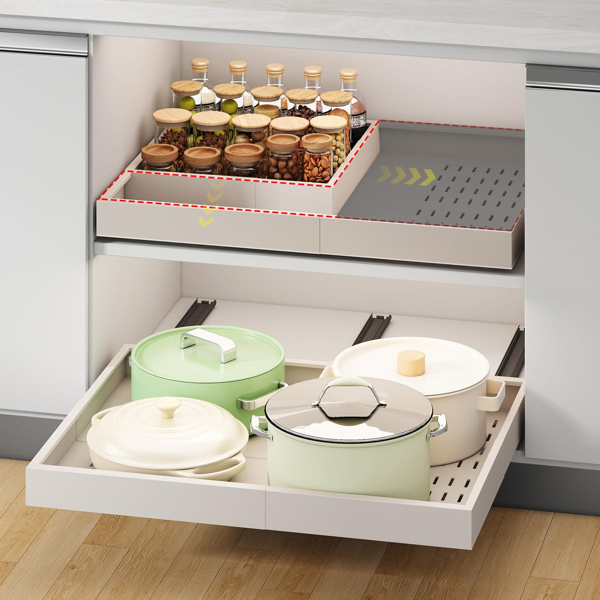 Fokyfok pull-out cabinet organizer with rails for easy access in deep shelves