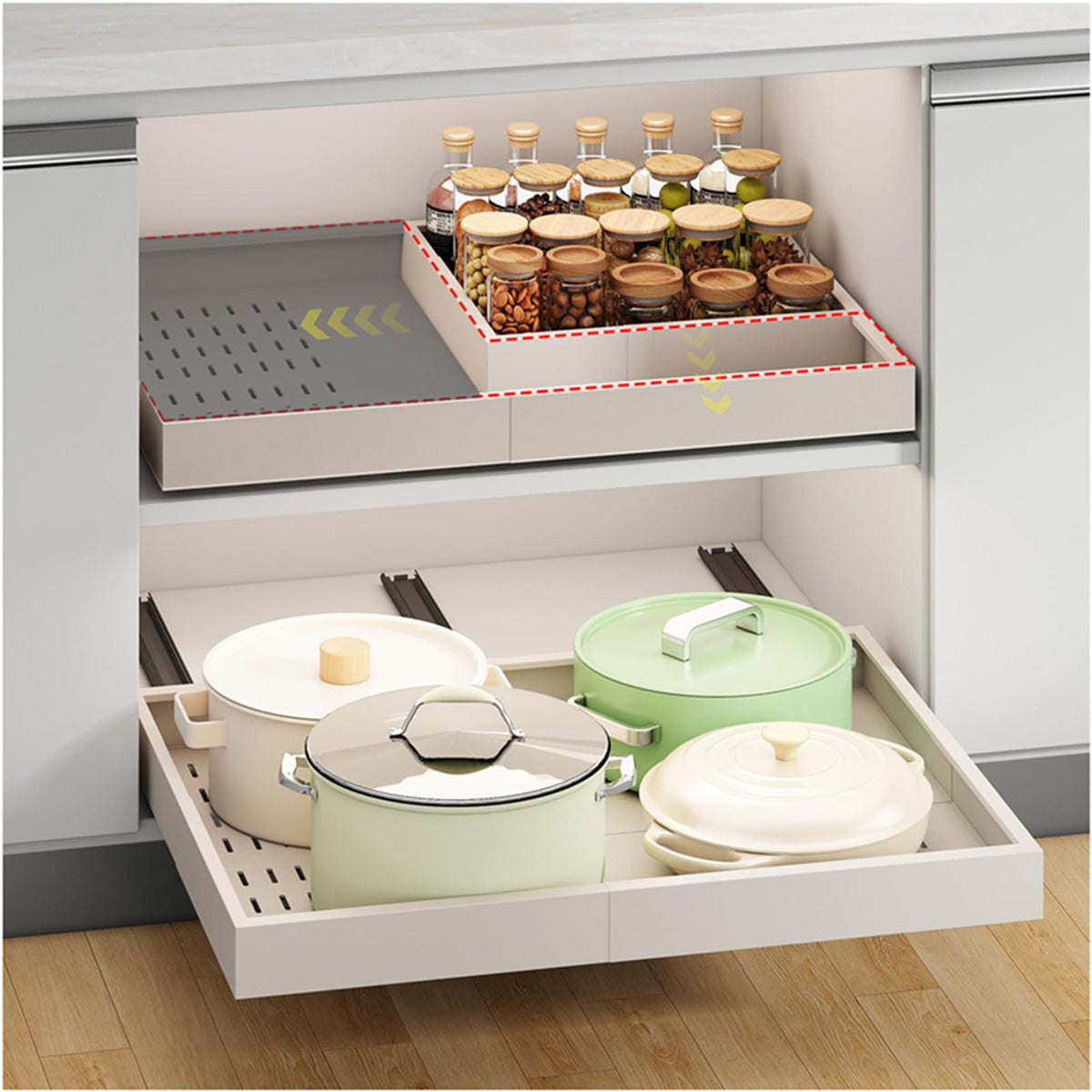 Fokyfok pull-out cabinet organizer with three rails eases reaching back shelves.