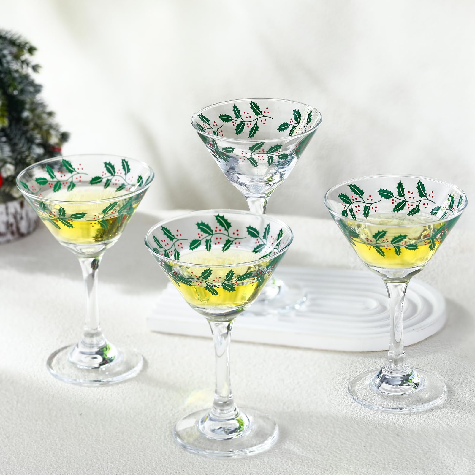 FoldTier red and green holiday cocktail glasses elevate the table setting.
