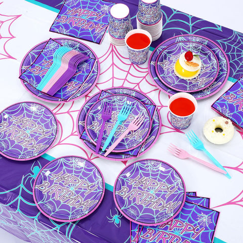 FoldTier spider dessert plates-7in provide convenient sweet servings for themed celebrations.