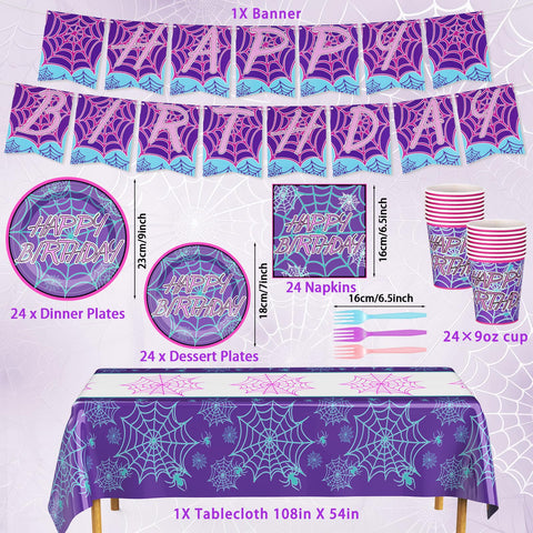 FoldTier spider tablecloth-purple creates a dramatic backdrop for spiderweb-themed gatherings.