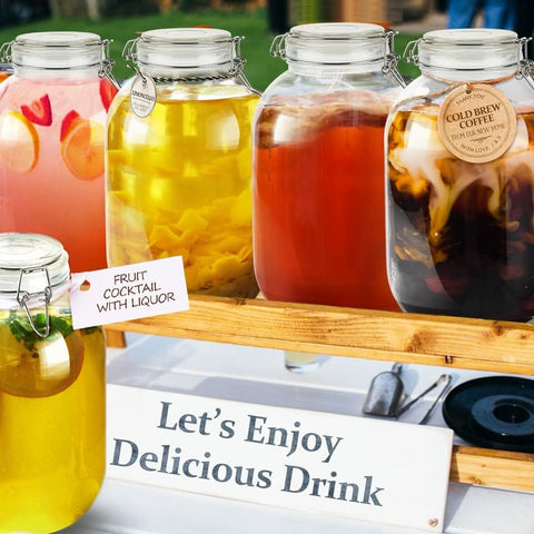 Folinstall gallon jar stores dry goods like pasta, beans, and rice.