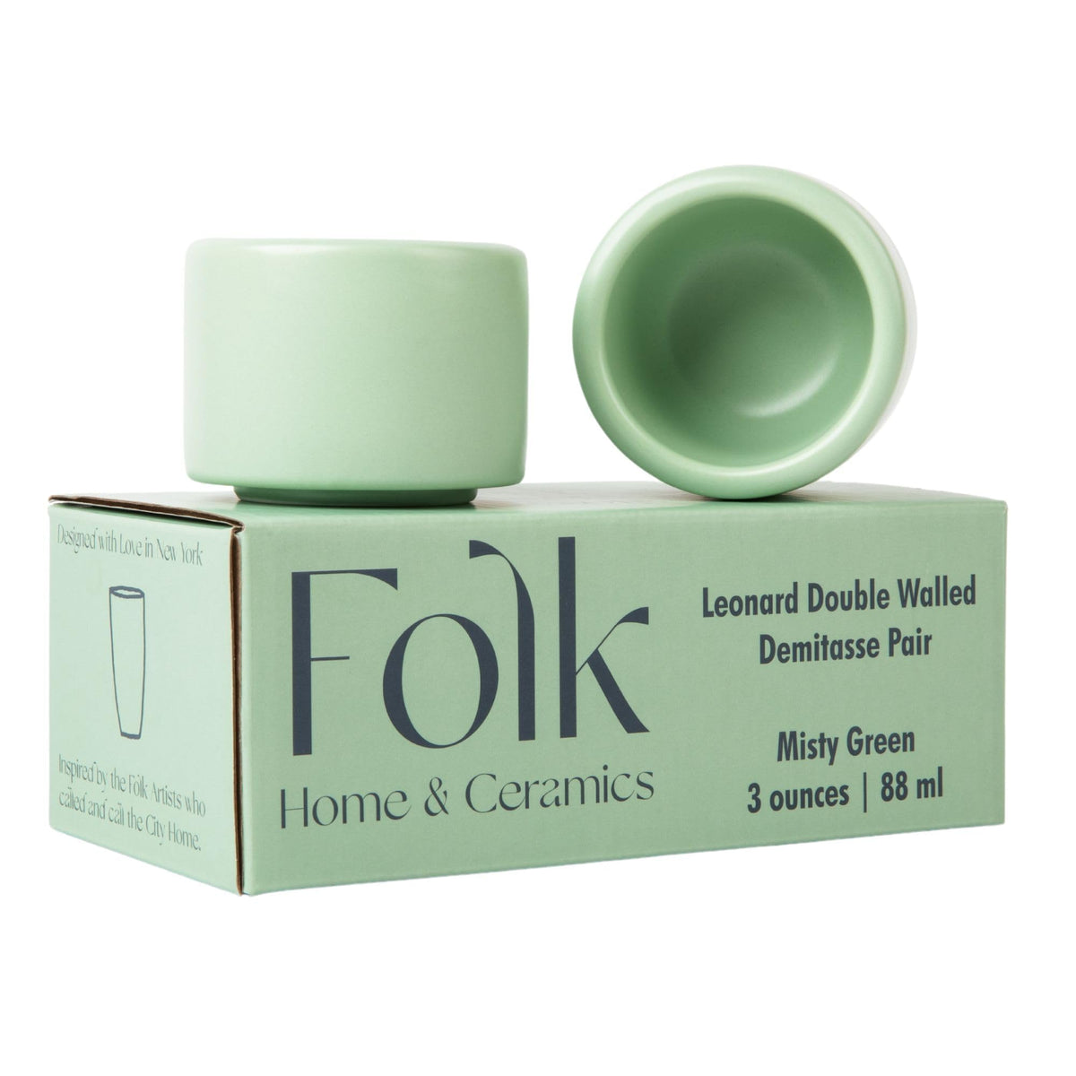 Folk Ceramics Leonard espresso cup in Misty Green, front view, ideal for double espresso.