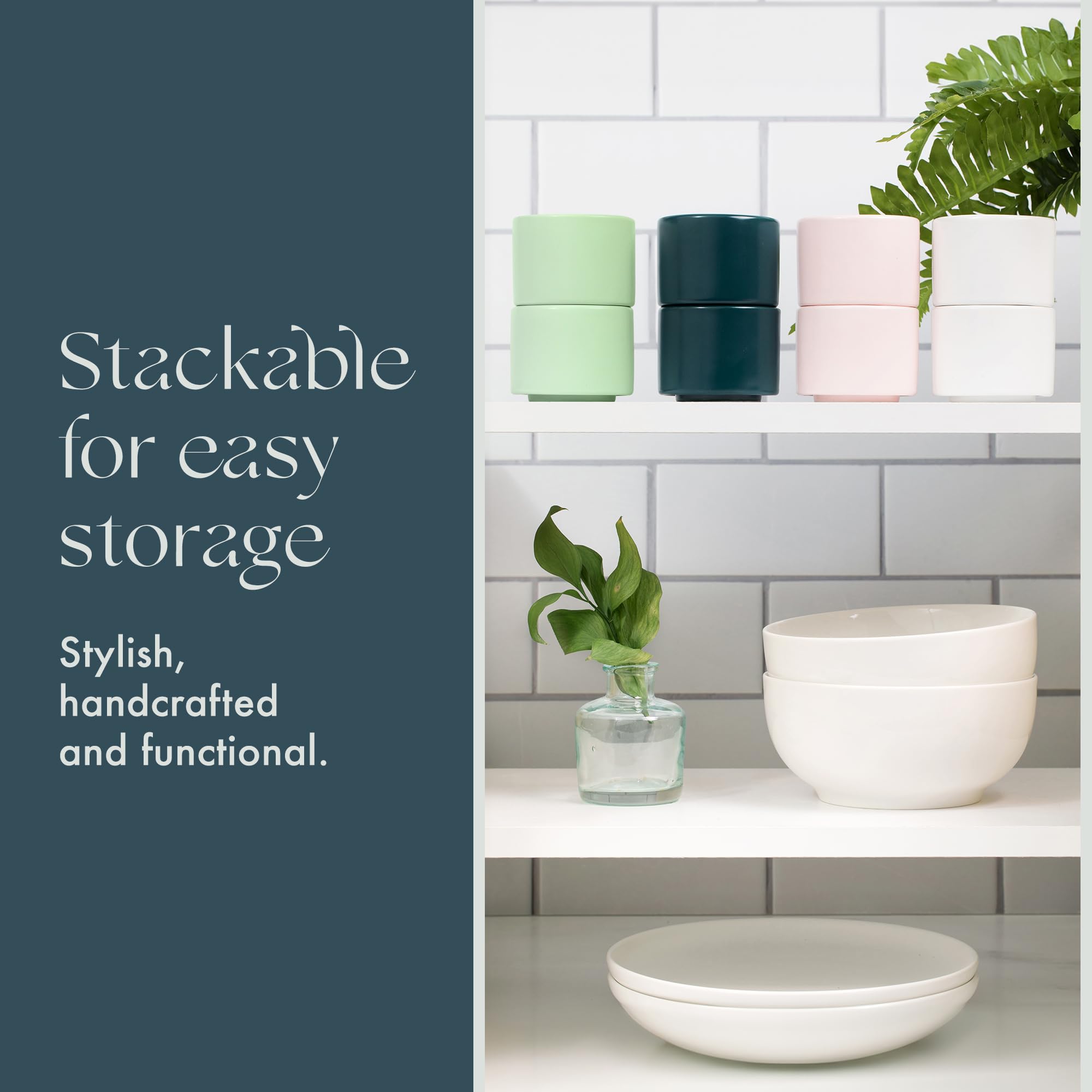 Misty Green glaze and dishwasher-safe finish for easy care.