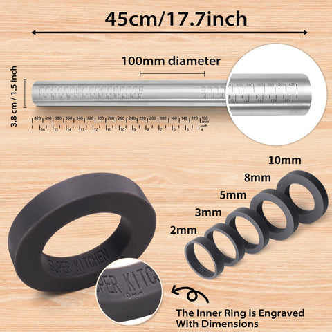 Folksy Super Kitchen rolling pin with rings for even pastry thickness.