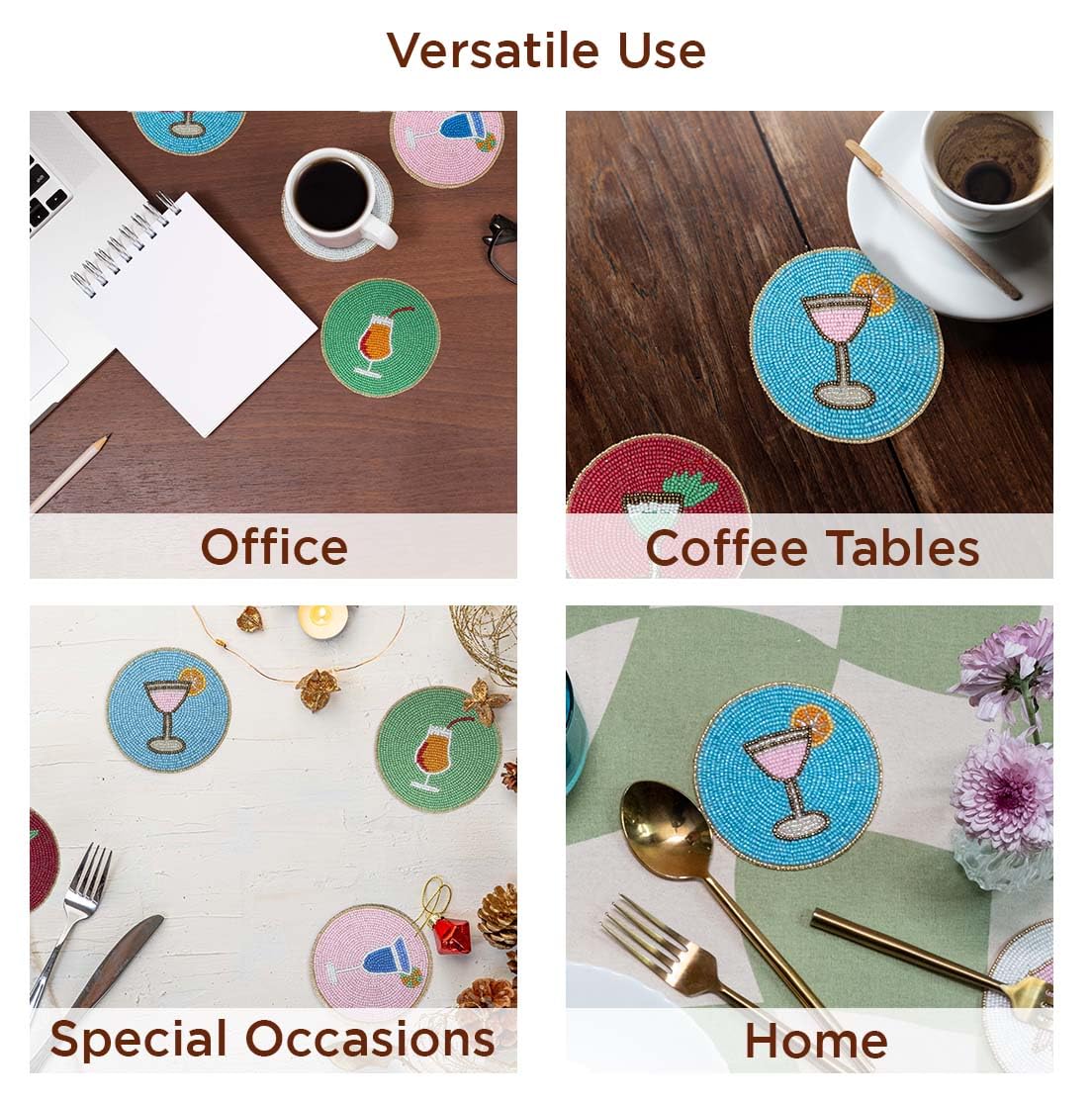 Folkulture beaded farmhouse coasters elevate home bars and tables during parties.