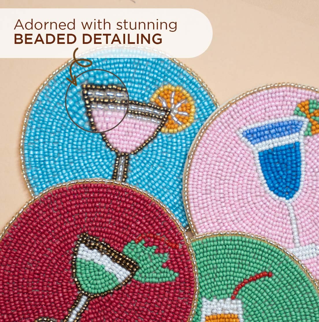 Folkulture beaded centre coaster protects wood, glass, and marble surfaces with anti-slip lining.