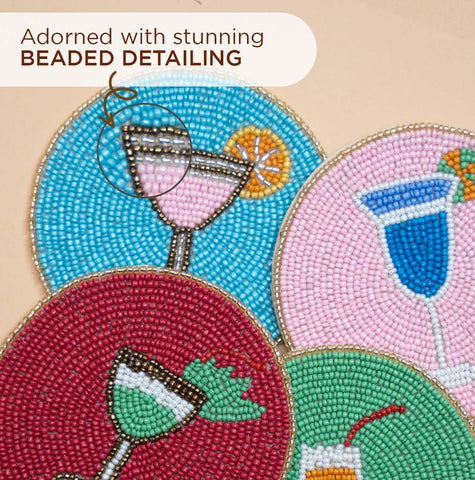 Folkulture beaded centre coaster protects wood, glass, and marble surfaces with anti-slip lining.