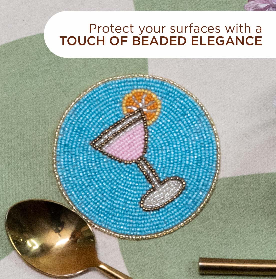 Folkulture coaster with jewel-tone beads offers festive flair for gatherings and everyday use.