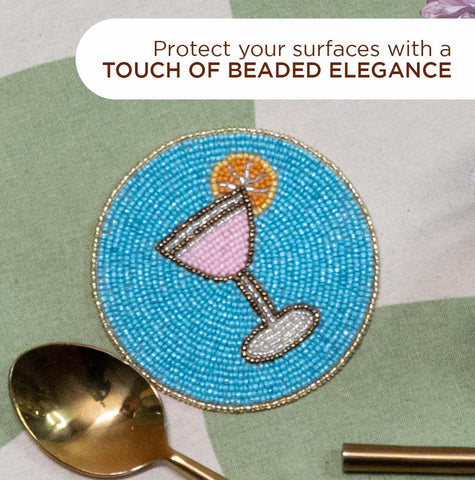 Folkulture coaster with jewel-tone beads offers festive flair for gatherings and everyday use.