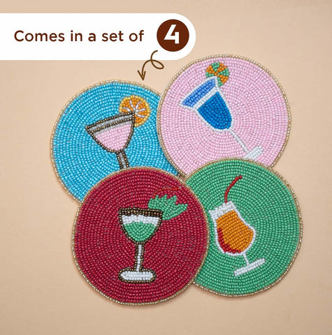 Folkulture 4-inch round beaded coasters add elegant farmhouse charm to any drink.