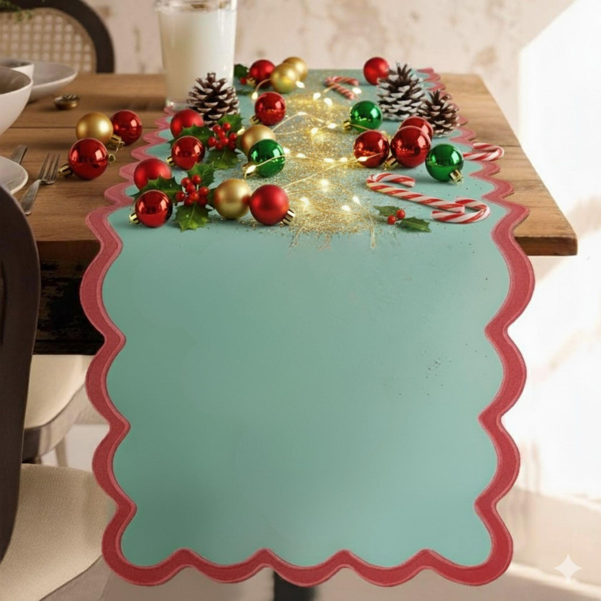 Folkulture Christmas table runner in green with scalloped edge for festive dining