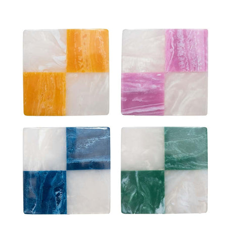 Folkulture coasters 4in multicolor checkered design protects surfaces from spills.