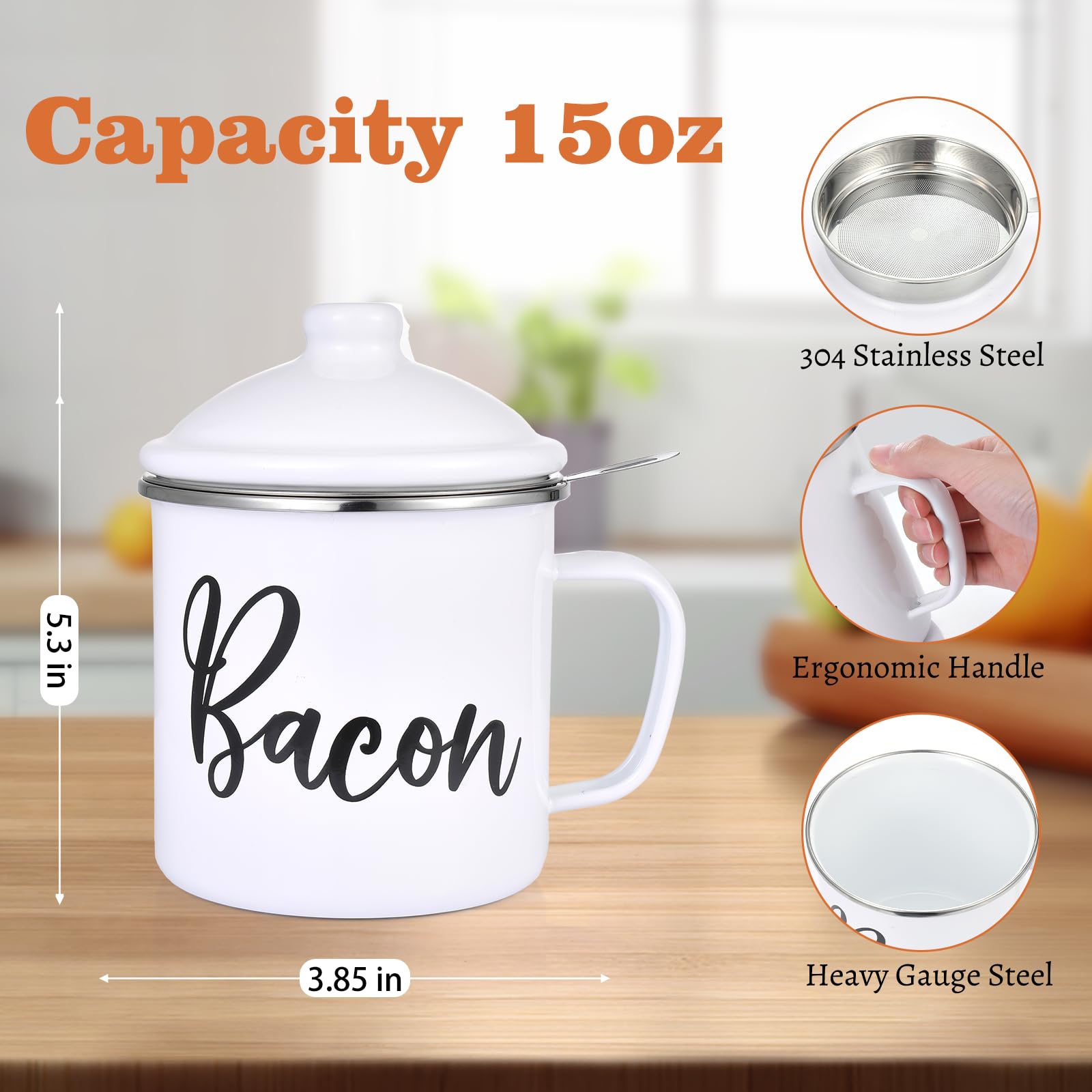 Fondpen container with built-in strainer clarifies bacon grease for future cooking.
