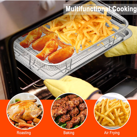 Fondpen oven tray and rack wide shot illustrates versatile cooking from baking to roasting.