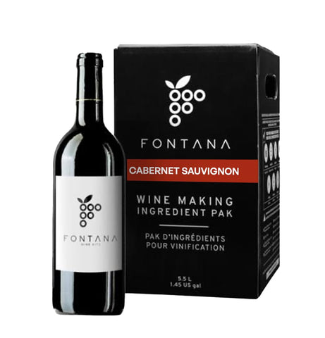Fontana French Cabernet Sauvignon wine kit ingredients arranged for a 6-gallon batch.