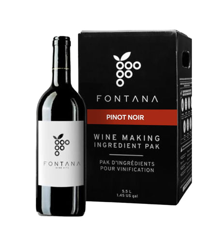 Fontana Pinot Noir wine kit ingredients spread showing premium base and yeast for home winemaking